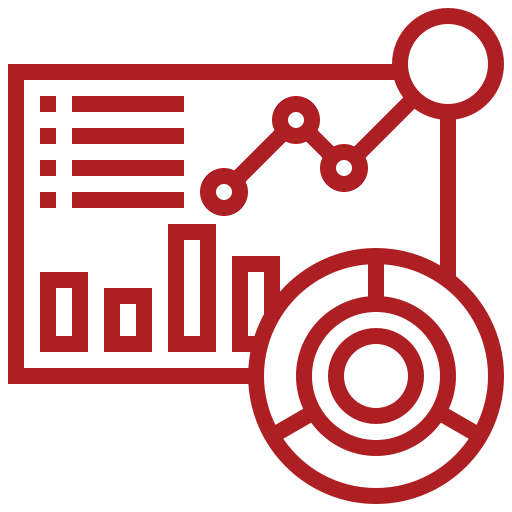 A red and black icon of a graph with a key