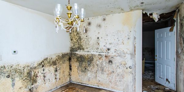 A room with mold on the walls and floors.